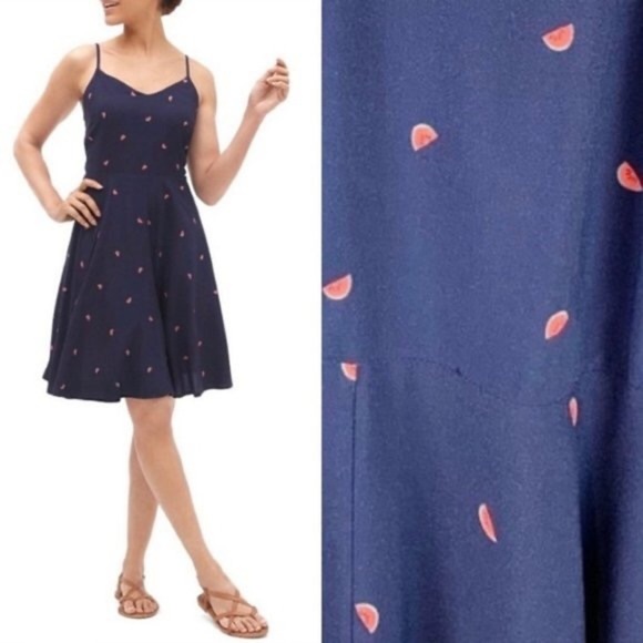 Gap Women SP Navy Blue Watermelon Print V-Neck Fit & Flare Cami Sundress NWT - Picture 1 of 10
